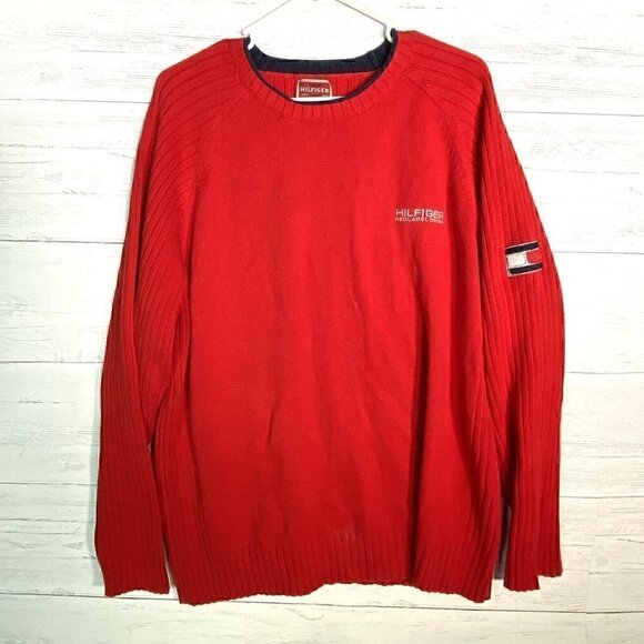Vintage Y2K Tommy Hilfiger Red Sweater Ribbed Arms Back Flag Logo - Picture 1 of 5